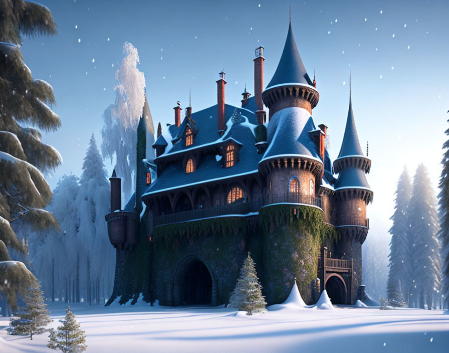 Snowy Fairytale Castle in Majestic Forest Landscape