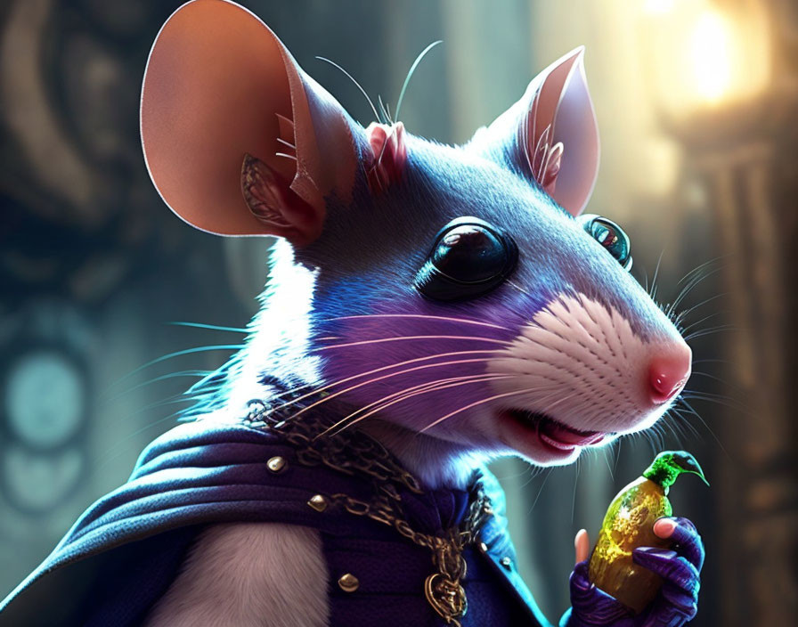 Anthropomorphic mouse in purple cloak holding green potion in fantasy setting