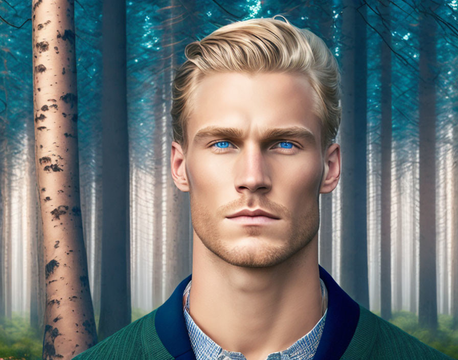 Blonde Man with Blue Eyes in Collared Shirt and Sweater in Enchanted Forest