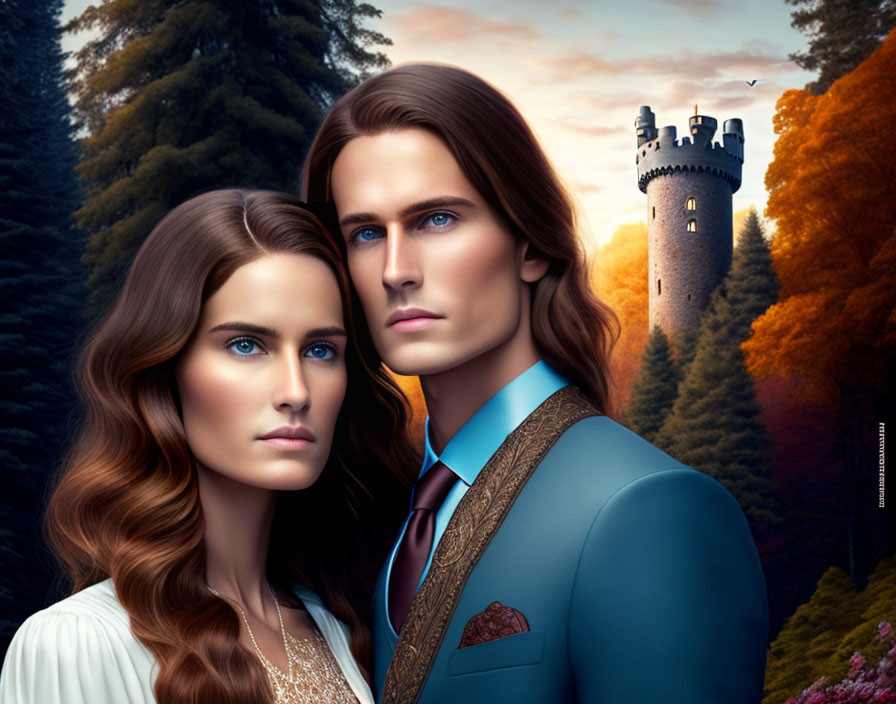 Digital artwork: Man and woman in elegant attire with fantasy castle and forest in serene setting