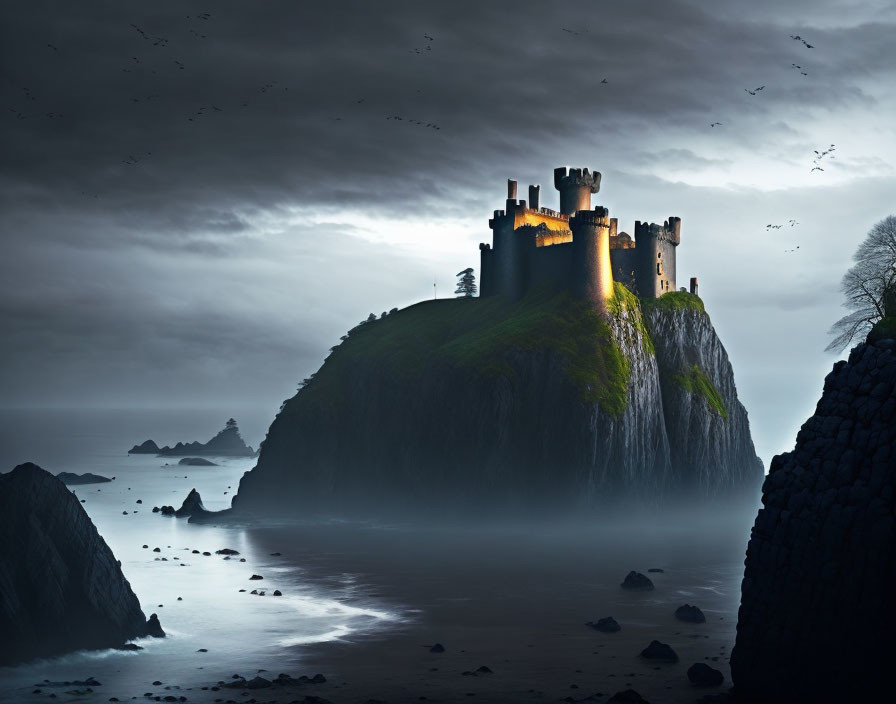 Ancient castle on steep cliff overlooking misty sea with birds at dusk