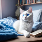 White Cat with Blue Eyes and Gold Collar on Bed with Books and Sunlight