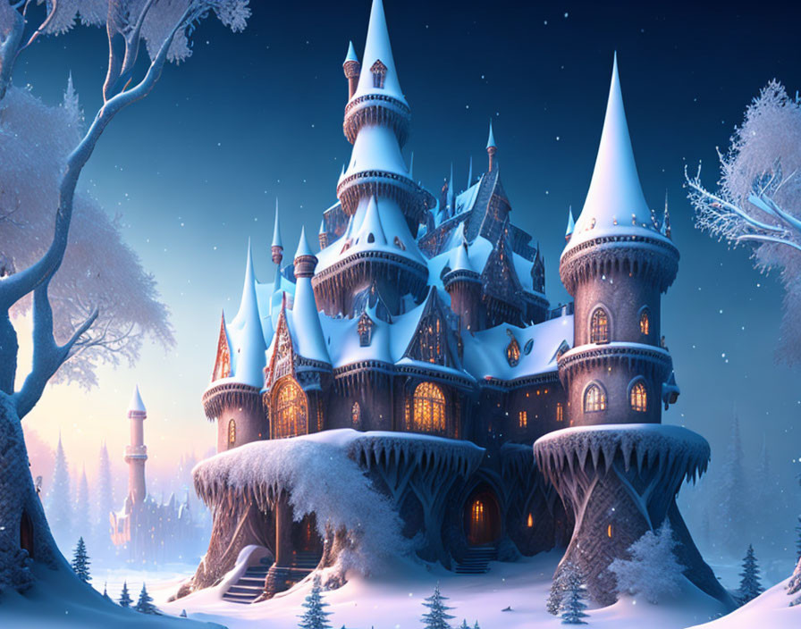 Snowy Twilight Castle Surrounded by Frost-Covered Trees