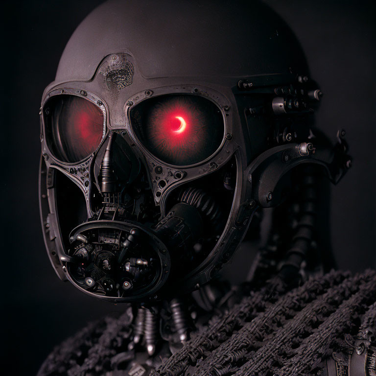 Detailed Robotic Head with Glowing Red Eyes on Dark Background