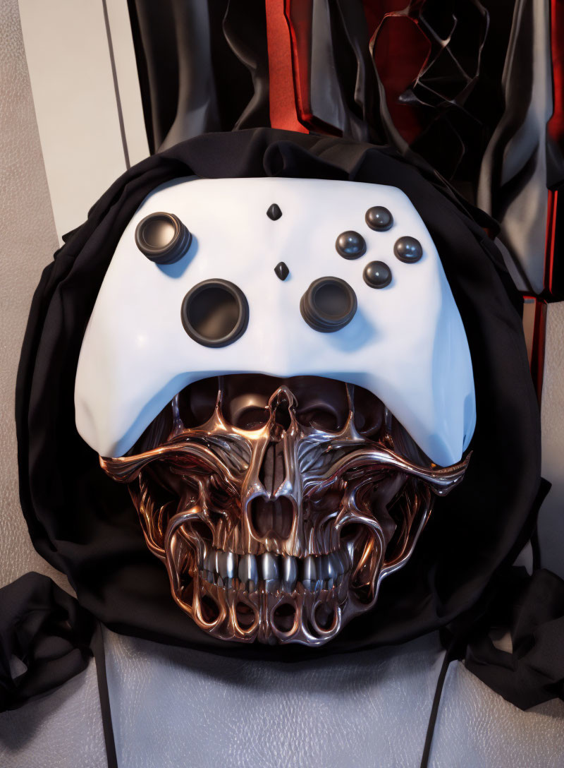 White Game Controller Mask with Metallic Skull Design on Dark Fabric