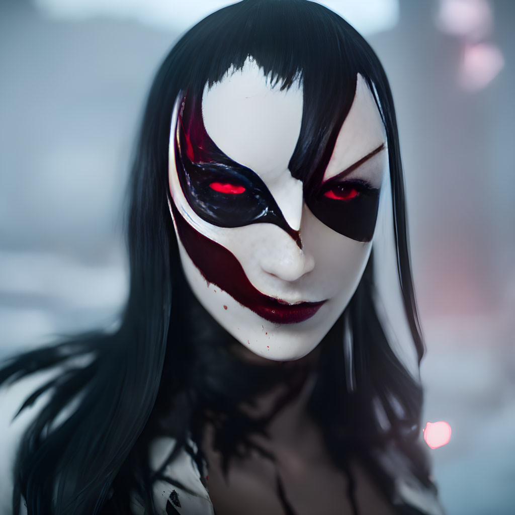 Striking Black and White Mask with Red Accents on Dark-Haired Person