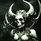 Stylized metallic skull with long curved horns and mechanical details on dark background