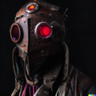 Cybernetic skull with red glowing eye, horns, and futuristic armor on dark background