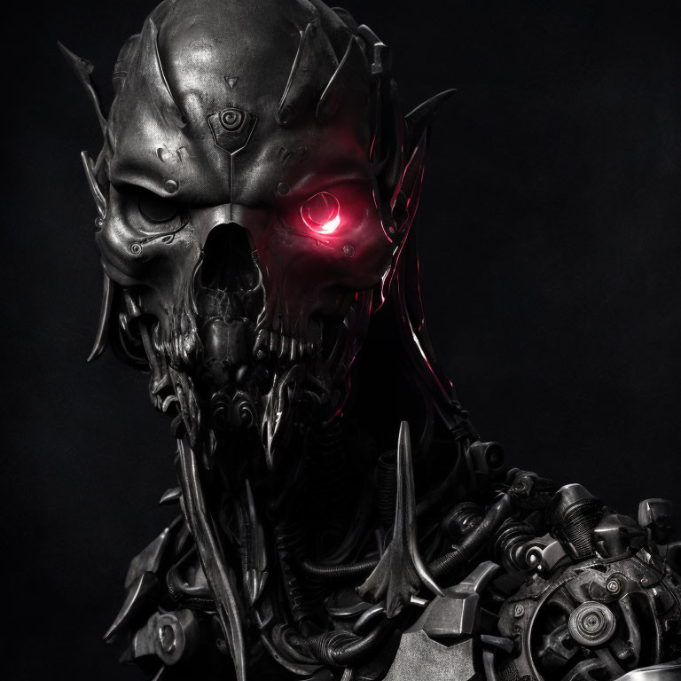 Detailed Robotic Skull with Glowing Red Eye and Metallic Bone Structure