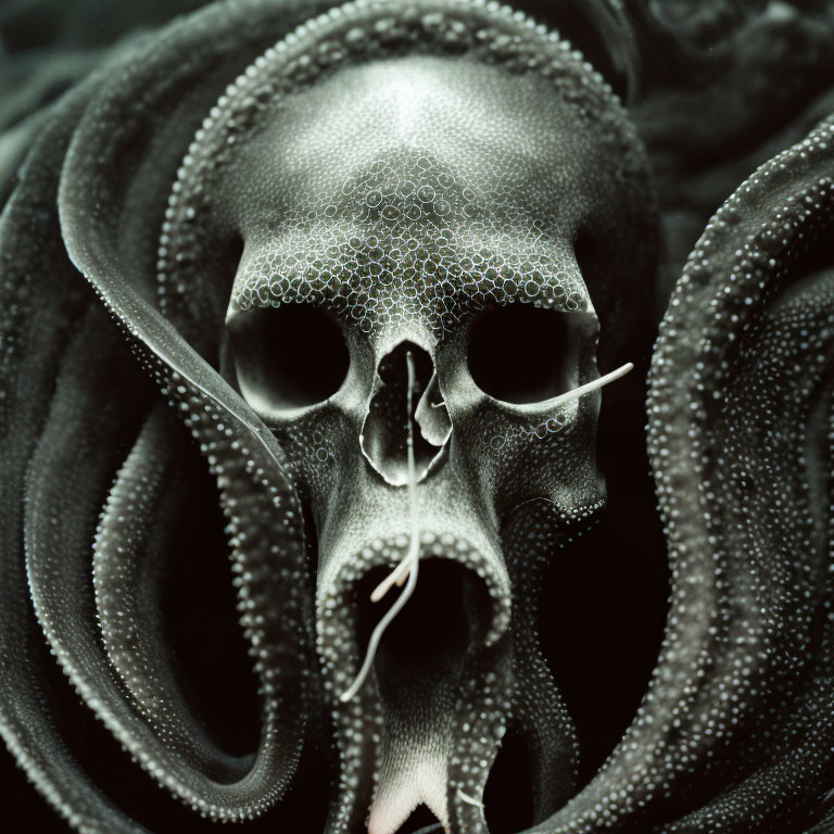 Spooky underwater image: human skull entwined by octopus arms