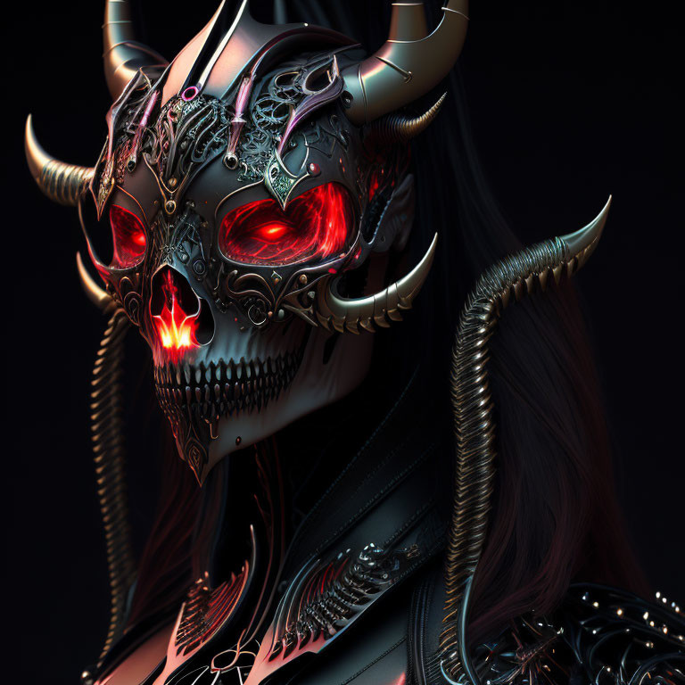 Digital Artwork: Character with Menacing Skull Mask and Red Glowing Eyes
