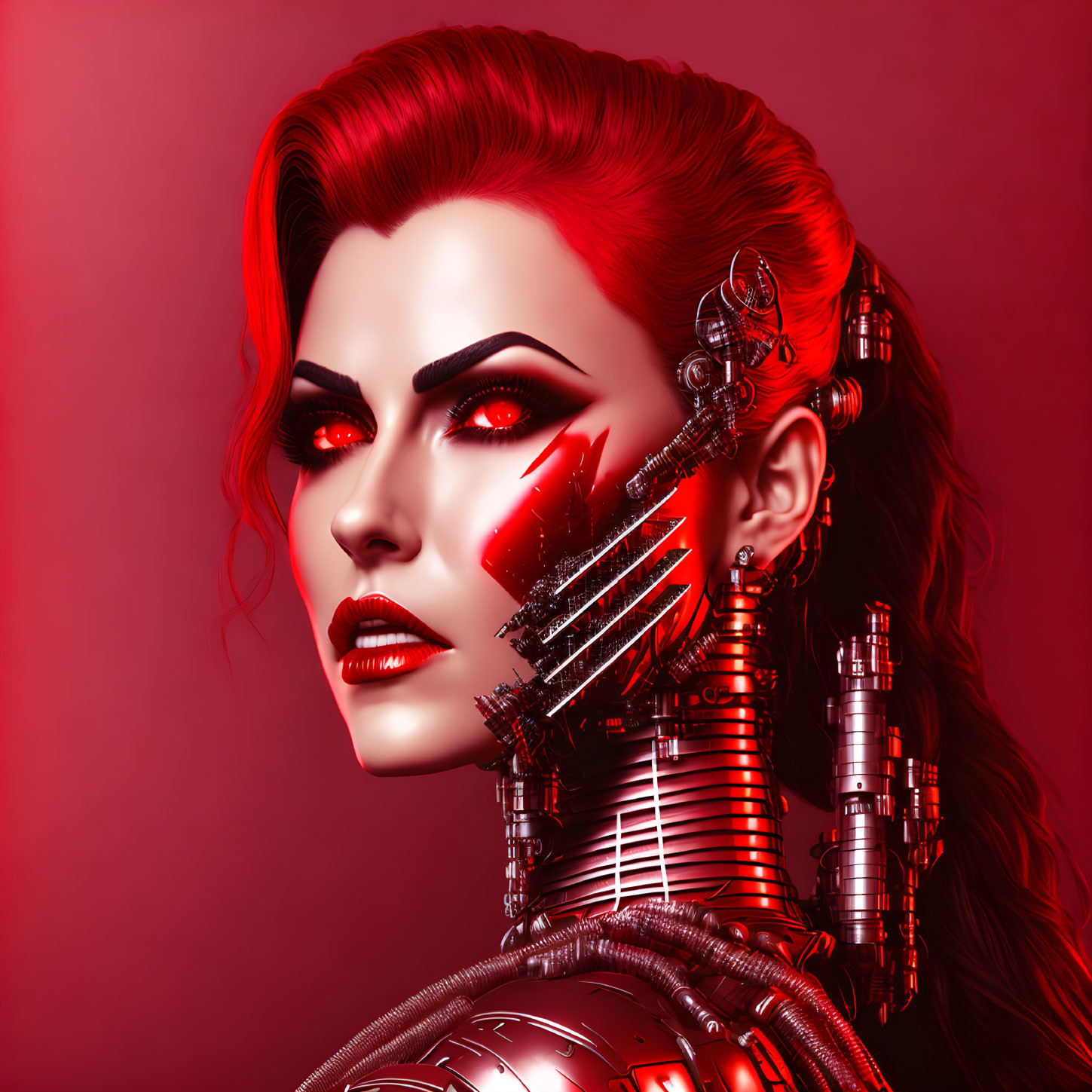 Detailed Female Cyborg Artwork Against Red Backdrop