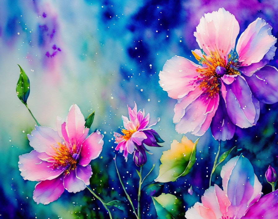 Colorful Watercolor Painting of Pink and Purple Flowers on Blue Speckled Background