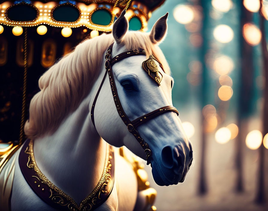 Intricate carousel horse with glowing lights and bokeh