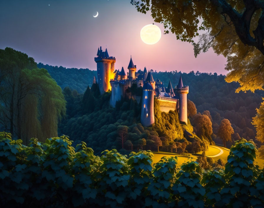 Enchanting fairytale castle at twilight with full moon, crescent moon, lush forest,