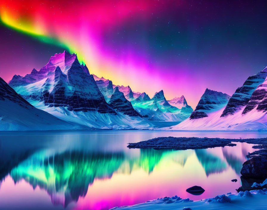 Northern Lights shine over snowy mountains and mirror in serene lake