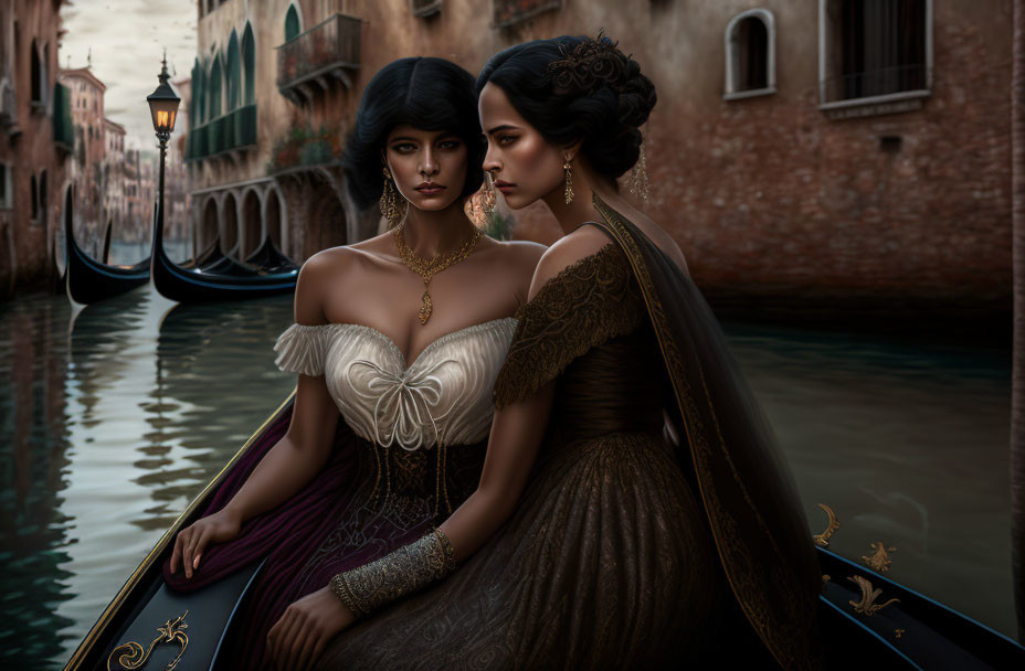 Historical women on gondola in Venetian canal