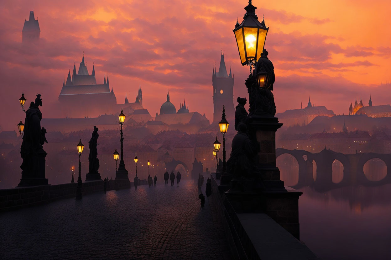 Silhouetted figures and statues on bridge at sunrise with orange sky and cityscape
