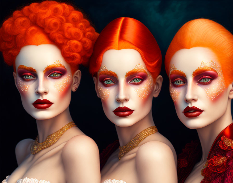 Three Women with Vibrant Red Hair and Elaborate Gold Makeup on Dark Background