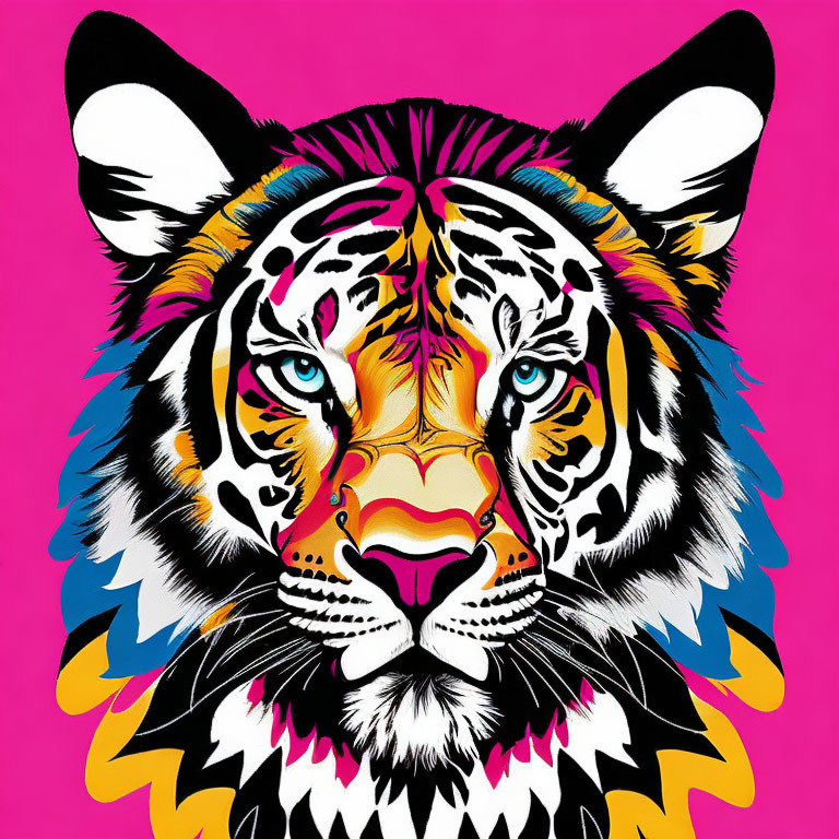 Colorful Tiger Face Illustration on Pink Background