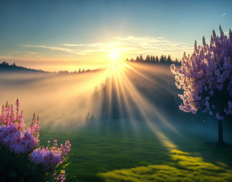Tranquil sunrise landscape with blooming trees and lush greenery