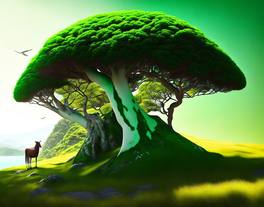 Illustration of lush green landscape with oversized mushroom-shaped tree, deer, bird, vibrant sky
