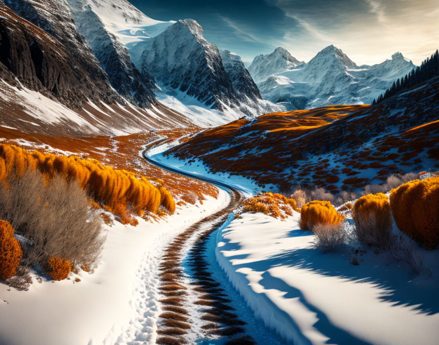 Snowy landscape with winding road and golden trees in mountains