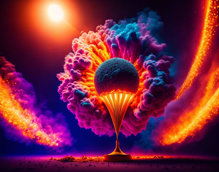 Colorful Cloud Explosion Around Sphere on Dark Background