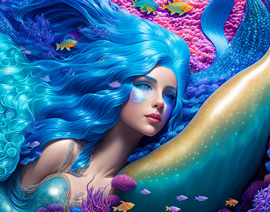 Vibrant blue-haired mermaid in fantasy ocean scene