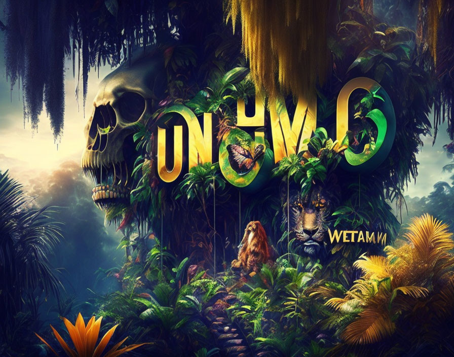 Colorful jungle scene with skull, jaguar, foliage, snake, and text "ONCM3