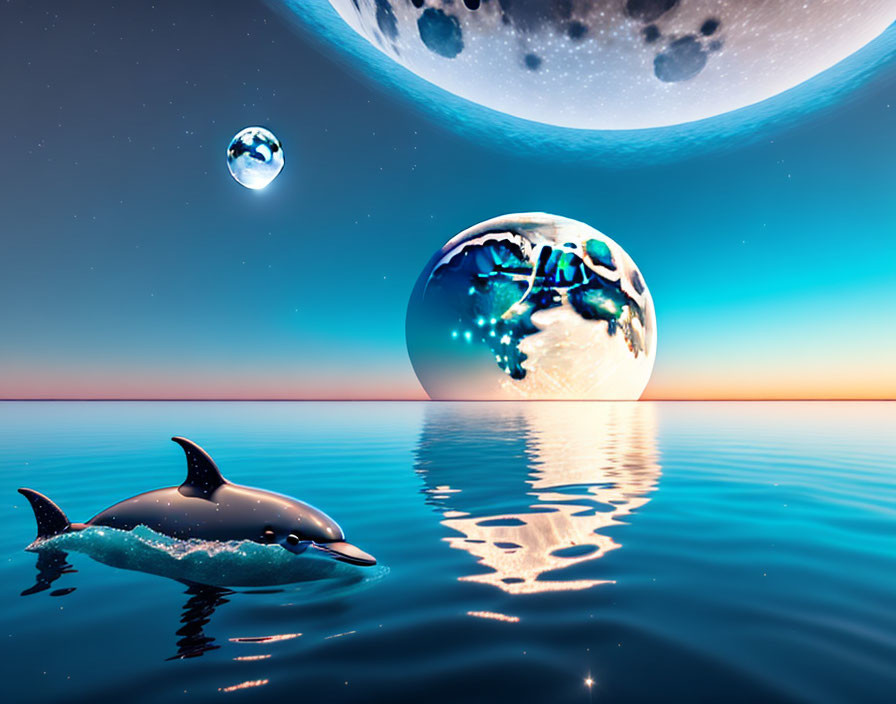 Dolphins leaping with moons and planet in twilight sky