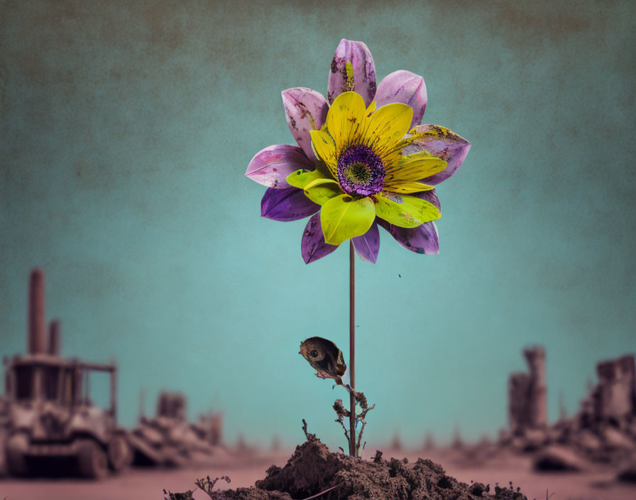 Digitally altered flower and butterfly against teal sky with industrial demolition silhouettes