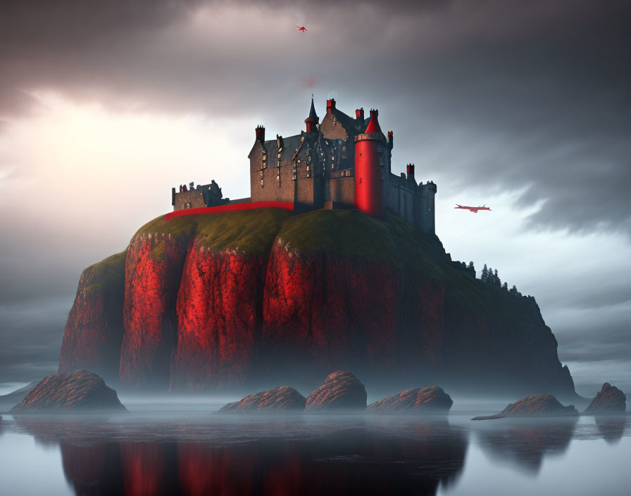 Majestic castle on steep cliff with red foliage base, dramatic sky, flying birds, and tranquil