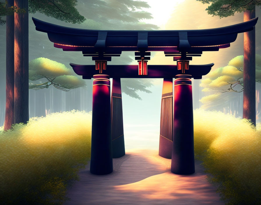 Traditional Japanese Torii Gate in Mystical Forest Setting