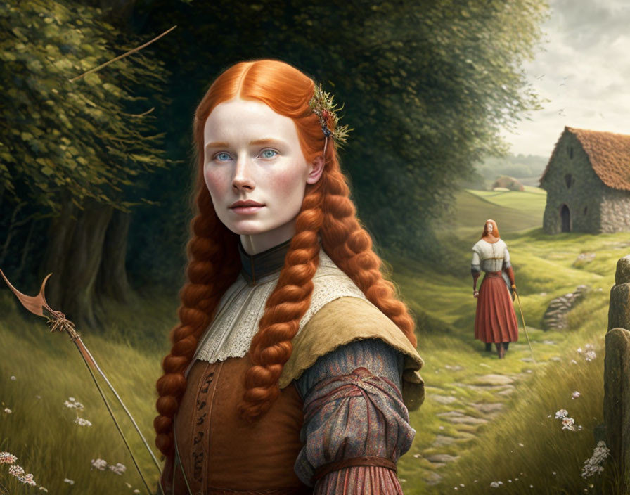 Red-haired woman in medieval attire with another woman and cottage in pastoral landscape