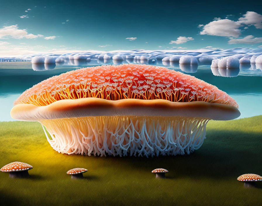 Surreal oversized mushrooms with intricate gill-like structures against a blue sky