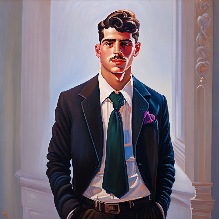 Stylized portrait of dapper gentleman in black suit and green tie