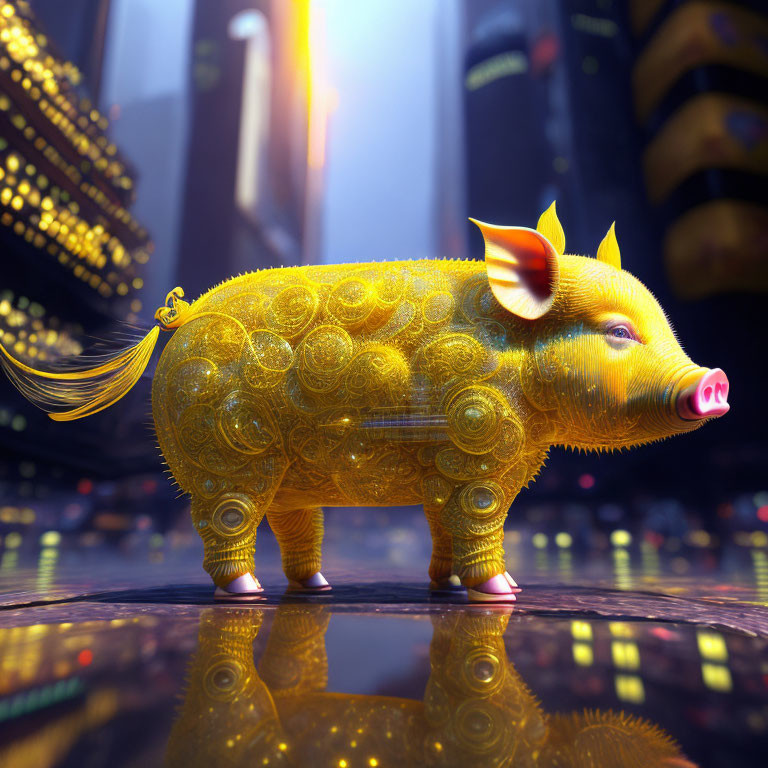 Intricately designed golden pig sculpture on reflective surface in futuristic cityscape