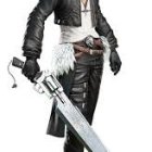 Anime-style male character with spiky brown hair in black and white attire wields oversized silver sword