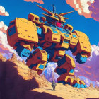 Colorful mecha robot in desert landscape with armored figures