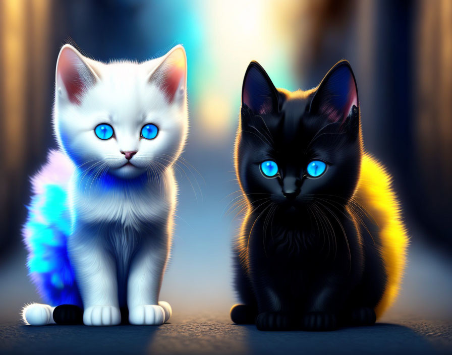 Vividly Colored Cats with Piercing Blue Eyes Sitting Side by Side