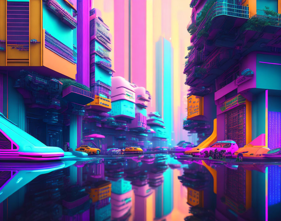 Futuristic cityscape with neon-lit skyscrapers and flying cars