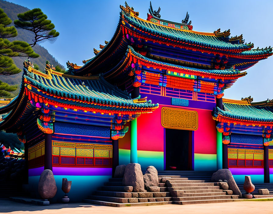 Colorful Traditional Chinese Temple Against Blue Sky