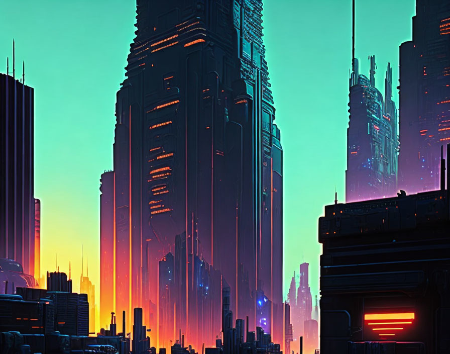 Futuristic cityscape with illuminated skyscrapers at dusk