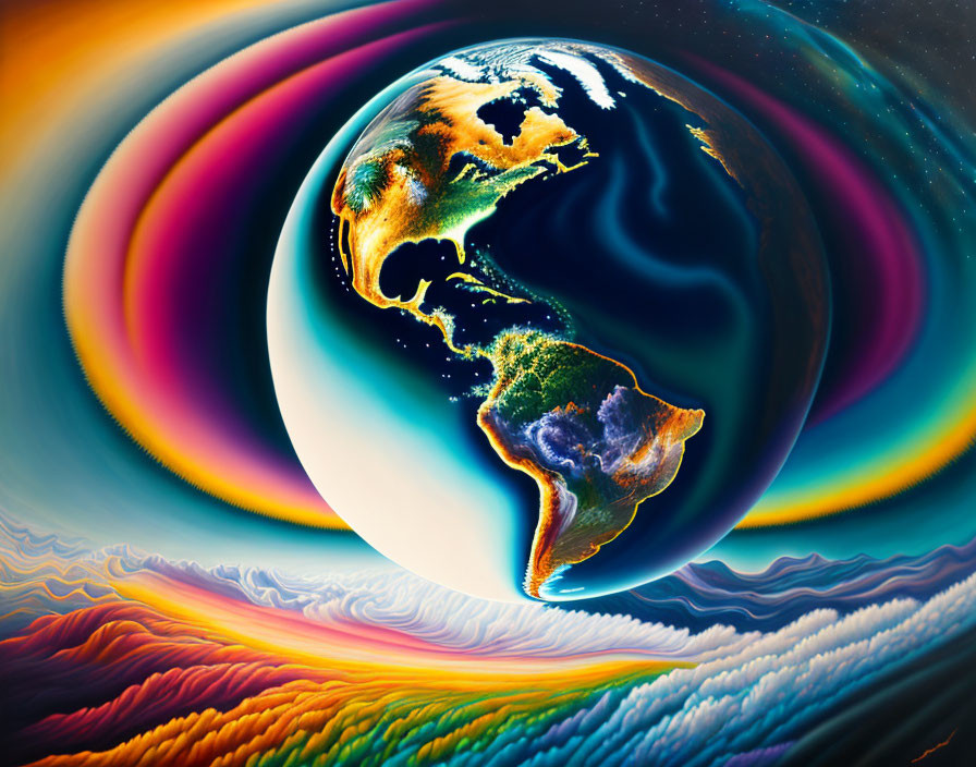 Colorful Abstract Earth Artwork with Swirling Patterns and Textured Foreground