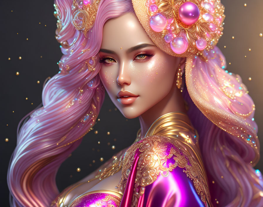 Illustrated character with lavender hair, golden and pink headdress, and embellished clothing