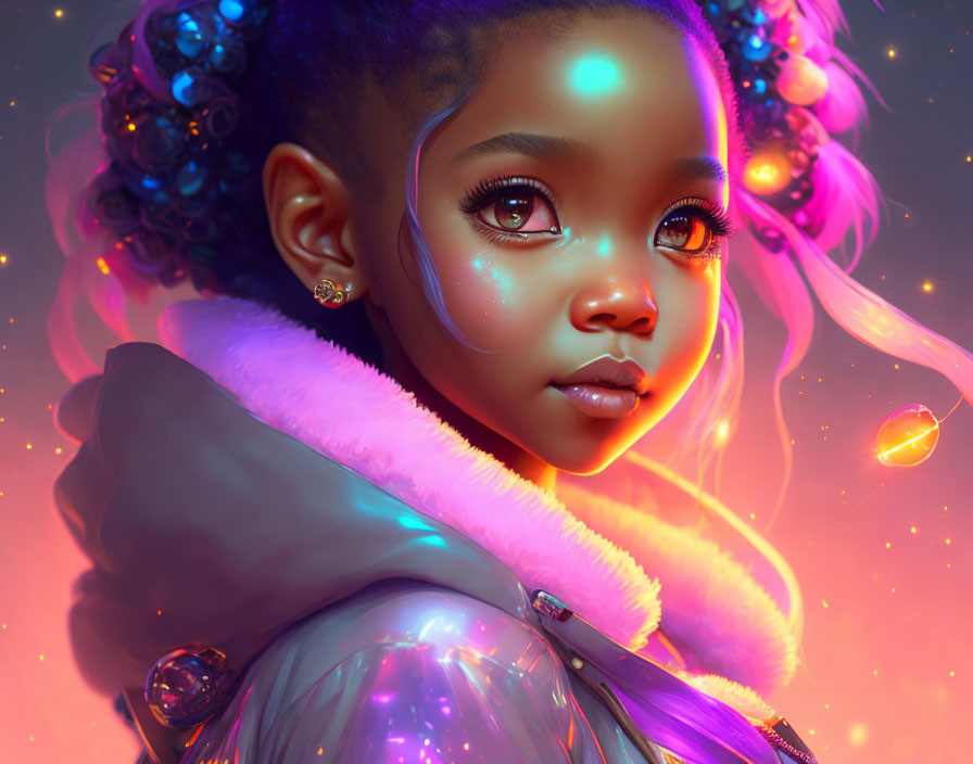 Digital artwork featuring young girl with teal eyes and colorful hair ornaments in luminous coat against starry backdrop