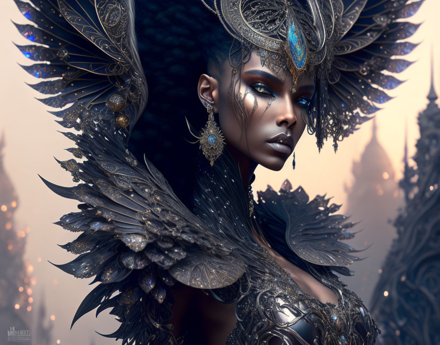 Fantasy armor woman portrait with feathers and metallic designs