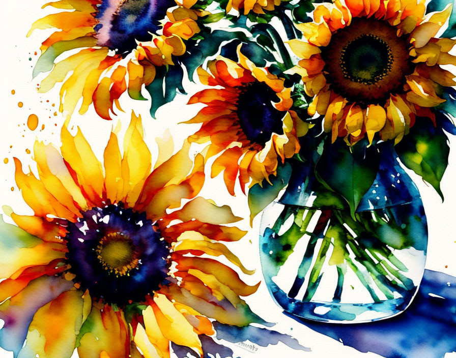 Colorful Watercolor Painting of Sunflowers in Glass Vase