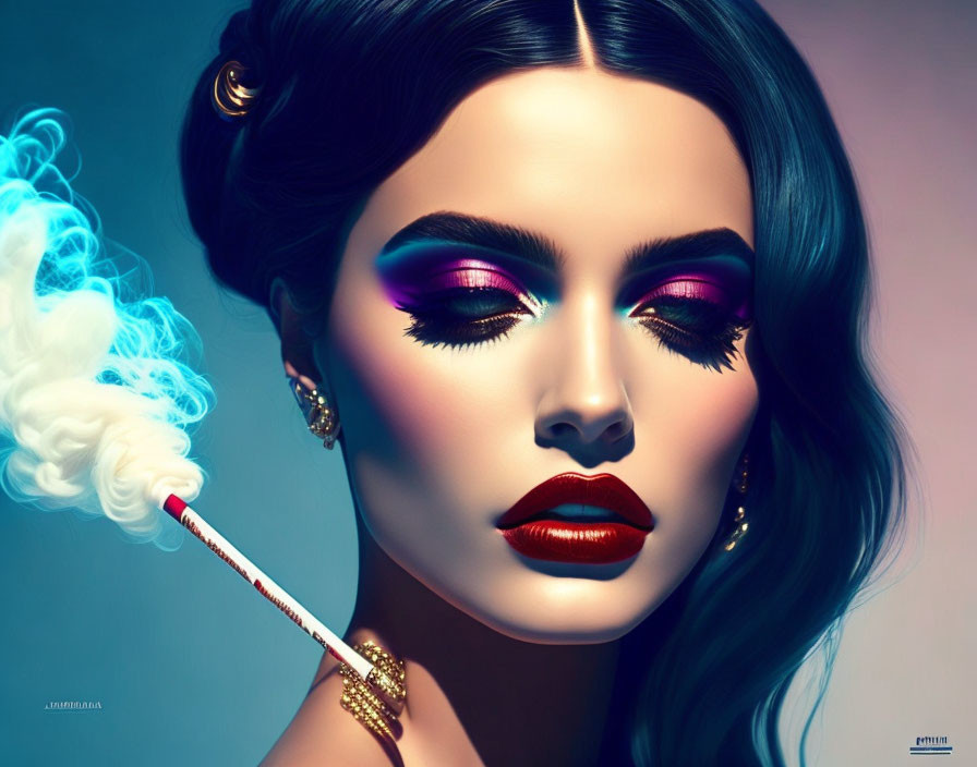 Stylized portrait of a woman with vibrant makeup and cigarette holder